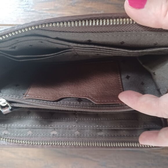 Fossil Wallet Womens Brown Leather Canvas Geometric Zip ID Card Coin - Picture 7 of 10